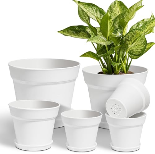 T4U Kunststoff Blumentopf mit Untersetzer 10/13/16/17cm 6er Set Weiß | Pflanztopf Vier Größen, mehrere Ablauflöcher, Sukkulenten, Kakteen, Kräuter, Fensterbank, Balkon, flexible Pflanzenpflege
