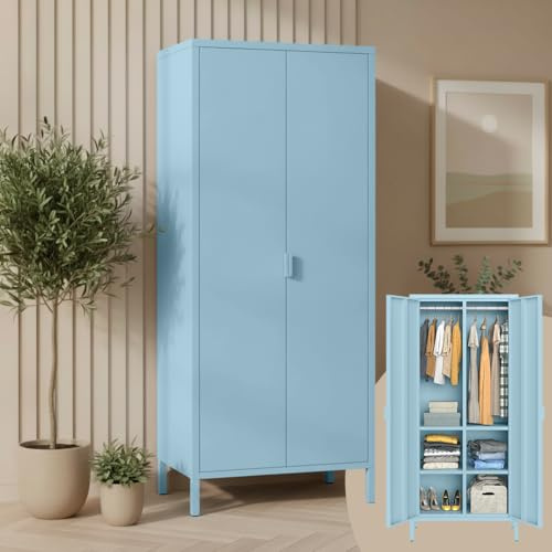 skølm Ituri Metallschrank, Kleiderschrank 80 cm breit, Blau, mit 6 Fächern