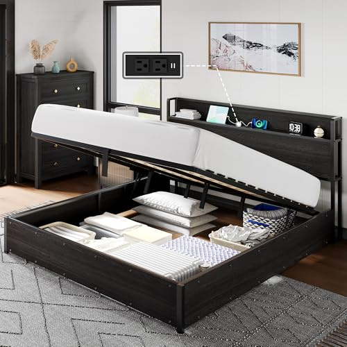 LUXOAK Lit Coffre 160x200 Bois, Cadre de Lit Double en Bois Vintage avec Sommier Relevable Hydraulique et Grand Rangement, Espace de Rangement et Station de Charge, Pas de Ressorts nécessaires