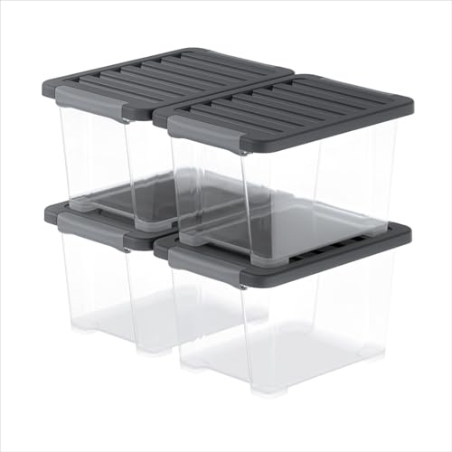 Rotho Core Pro Aufbewahrungsbox mit Deckel 4er-Set 15 L luftdicht klar | Aufbewahrungsboxen, stapelbar, transparenter Inhalt sichtbar, Dichtung und Clip-Verschluss, App-Anbindung für Ordnungssystem