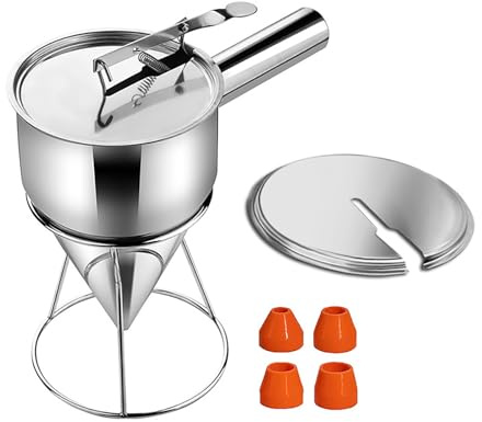 Joyeee Pancake Batter Dispenser with Lid, 40oz Funnel Cake Dispenser, Stainless Steel 4 Caliber Batter Dispenser with Squeeze Handle, Durable, Leak-Free and Easy to Clean, Great for Cupcakes, Waffle