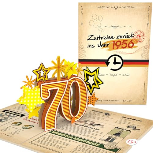 papercrush Pop-Up Karte „Zurück ins Jahr 1956“, 3D Geburtstagskarte zum 70. | Lustige Glückwunschkarte zum Geburtstag für Frau & Mann, Besondere Glückwünsche zu 70 Jahren mit lustigen Fakten zum Jahrgang