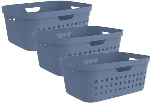 Rotho Jona Wäschekorb 3er-Set 39 L Wäschesammler Laundry Basket aus PP Blau | Drei Wäschekörbe mit je 39 L, vier ergonomische Griffe, Öffnungen auf allen Seiten, platzsparend ineinander stapelbar