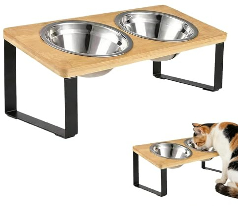 Elevated Cat Bowls with 15° Tilt Bamboo Stand - Stainless Steel Raised Feeder, Anti Vomit Anti Slip Design to Protect Spine Prevent Whisker Fatigue for Cats Puppy and Small Dogs
