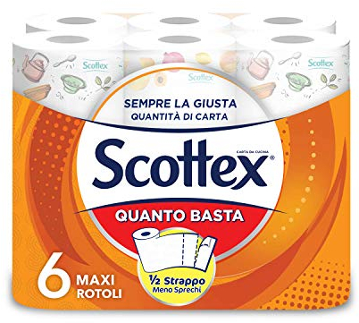 Scottex Quanto Basta, Carta Cucina, Opzione Mezzo Strappo, Con Carta certificata FSC, Confezione da 6 Maxi Rotoli