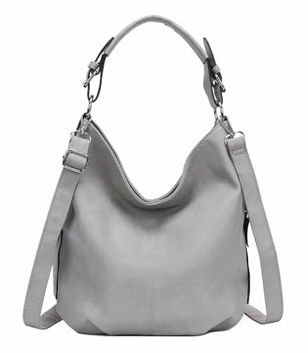 OBC Damen Tasche Shopper Hobo-Bag Henkeltasche Schultertasche Umhängetasche Handtasche Crossover CrossBag Damentasche Reisetasche Kunst Leder Beuteltasche Grau