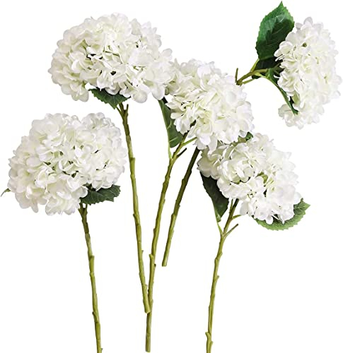 PARTY JOY Flor Artificial, 5 Pcs Hortensias Artificiales, Decoración De Boda, Flores Artificiales, Flores Falsas, para Boda Y Decoración del Hogar, Blanco