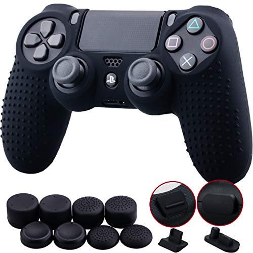 9CDeer 1 Piece of Silicone Studded Dots Protective Sleeve Case Cover Skin + 8 Thumb Grips Analog Caps + 2 dust proof plugs for PS4/Slim/Pro Controller, Black