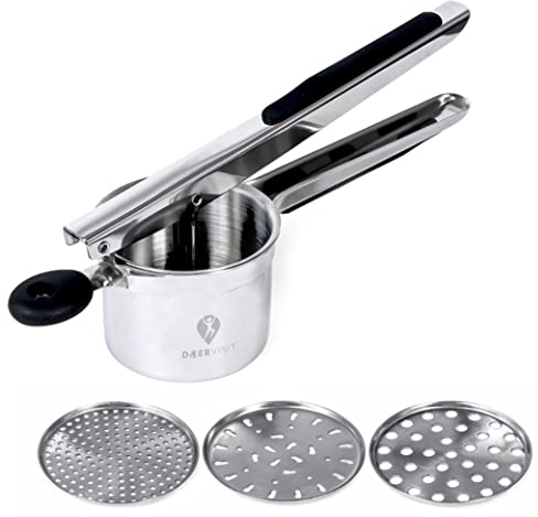 Kartoffelstampfer Edelstahl von DOERVISIT - Manueller Kartoffelstampfer mit 3 baren Feinheitsscheiben - Kartoffelpresse für glatte und cremige Kartoffelpüree, Obst, Gemüse, Yams, Kürbis