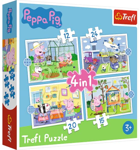Trefl TR34359 , Puzzle, Ferienerinnerungen, von 12 bis 24 Teilen, 4 Sets, Peppa Pig, für Kinder ab 3 Jahren, 28,5x20,5cm