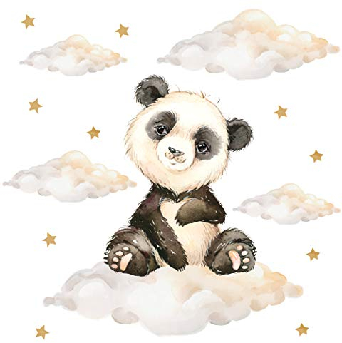 Pandawal Kinderzimmer Deko Wandtattoo Panda mit Wolken Sterne Junge Mädchen Wandsticker Baby Safari Tiere Wandaufkleber (S, Panda)