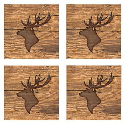 SUN WOOD Stick-it Mosaik //Heimat 806 – Wanddeko Holz quadratisch mit Altholz Hirsch Motiven 4 Holzfliesen 20x20cm Wandelemente