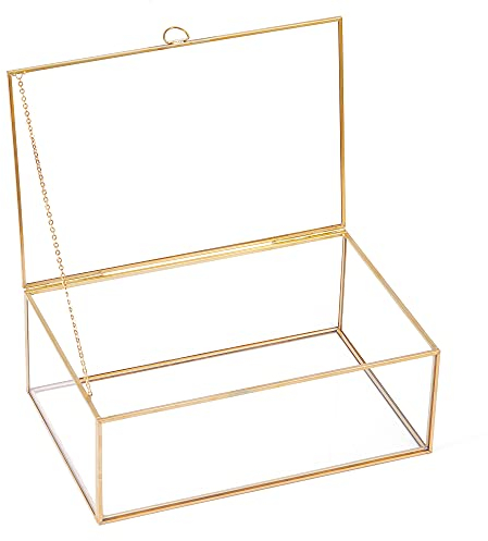 HCENJOC Coffret Boîte à bijoux rectangulaire vintage dorée avec couvercle en verre pour bijoux, bagues, bracelets, décoration d'intérieur (26,8 x 17,8 x 10,2 cm)