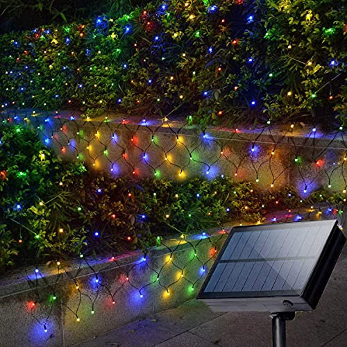 SUAVER Solar LED Lichternetz, Wasserfest 100LEDs Solar Lichterkette,1.5x1.5m Outdoor Lichtervorhang,8 Modi Net Mesh Deko Leuchte für Weihnachten Garten Party Hochzeit Schlafzimmer (Mehrfarbig)
