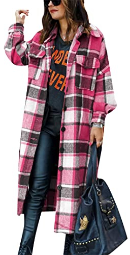 EFOFEI Damen Schottenkaro Wintermantel Wollmischung Jacke Baggy Lapel Knopf Jacken Casual Check Bluse Oversize Herbst Outwear Rose L