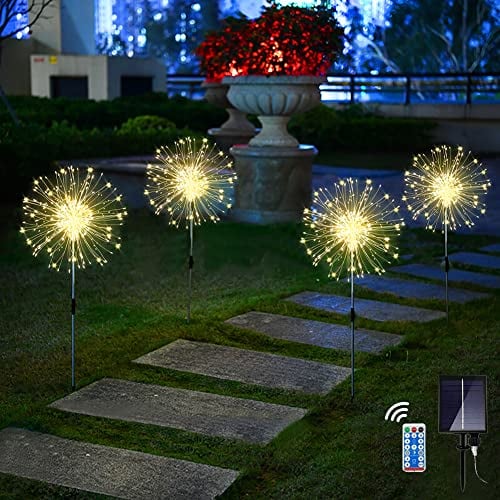 Redefun Solarstecker Gartenleuchten 4 x 120 LED Gartendeko Solarlicht, 8 Modi Garten Pusteblume Solarlampen Wasserdicht Solarleuchte Feuerwerk mit Fernsteuerung,Timer für Außen Deko(Warmweiß)