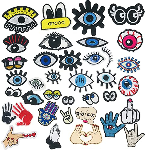 Woohome 36 Stück Auge Flicken Patches Aufbügeln, Gemischte Augen und Hände Patch zum Aufbügeln Bügelflicken Aufnäher Patches Sticker für Jacken Hut Kleidung Taschen