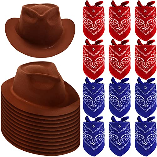 Haysandy 24 Pieces Western Cowboy Hat Set, Felt Cowboy Themed Party Hats with Paisley Bandanas for Kids Costume Party(Brown, Red, Blue)