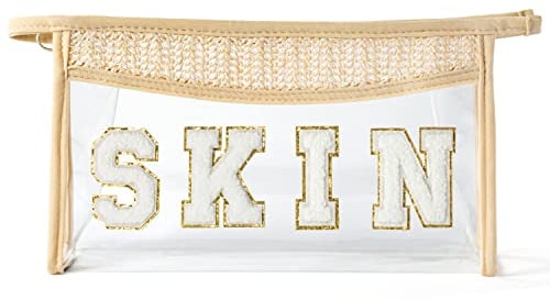 GROBRO7 klare Kosmetiktasche Patch Skin Varsity Letter Bag, Boho Beige wasserdichte PVC Reise Kulturbeutel Taschen mit Reißverschlüssen für Make up Waschen Pflege, einfach zu Business Trip Essentials