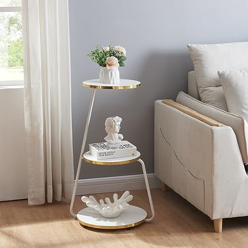 [en.casa] Mesa Auxiliar Estantería Mesa de Noche Uso Versátil Sala Dormitorio Metal/Aglomerado 74 x 46 x 37 cm Blanco/Dorado