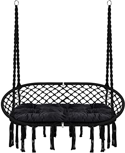 Homgava Hammock Chair Macrame Hanging Swing with Cushion,Hanging Cotton Ropes, Metal Frame, 450 lbs Capacity Indoor Outdoor, Patio, Balcony, Living,Deck, Yard, Garden(Double Swing)