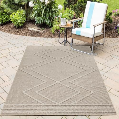 HomebyHome In& Outdoor Teppich Wetterfest, Beige 200x290 cm Teppich Küche, Waschbarer Küchenläufer Flachgewebe Sisaloptik Boho Design Camping Terasse Balkon Outdoorteppich Garten