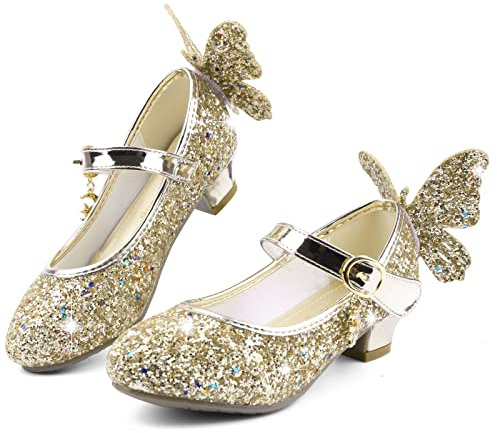 KUWIBY Girl Sandals Glitter Princess Shoes Sequin Party Shoes Bling Bowknot High Heels Wedding Birthday Dress Comfort Bright Diamond Cosplay Dance for Little Girls Christmas Gold
