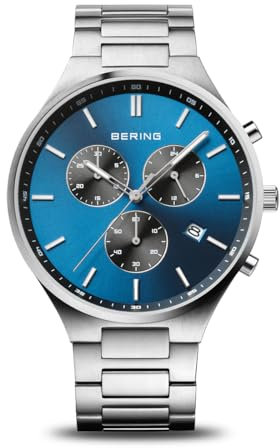 BERING Herren Quarz Uhr | Armbanduhr 43 mm silbernes Titangehäuse und blaues Zifferblatt | Titanband mit Titanelementen | 5 ATM | 11743-707