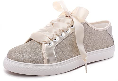 Elivandon 16051 Hochzeit Schuhe Bling Braut Turnschuhe Flats Braut Tennisschuhe Glänzende Pailletten Schuhe Funkelnde Turnschuhe Farbe Champagner,Größe 39 EU (5.5 UK)