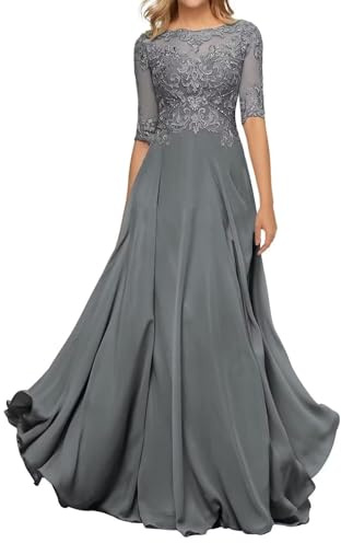 HYEC7 Women's Lace Appliques Mother of The Bride Dresses 3/4 Sleeve Long Formal Evening Dresses A Line Prom Dress Steel Grey
