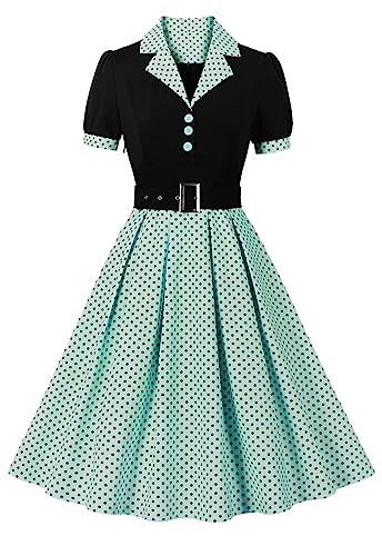 Wellwits Femmes Noir Corset Boutons Pois Plissés Travail Bureau Formel Cocktail Soirée Années 1950 Vintage Costume Robe Rose Vert XL