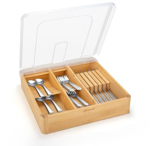 QINOL Bandeja de cubiertos de bambú con tapa, organizador compacto de utensilios de bambú para cajones de cocina, encimera, organizadores de cubiertos resistentes a prueba de polvo y soporte de