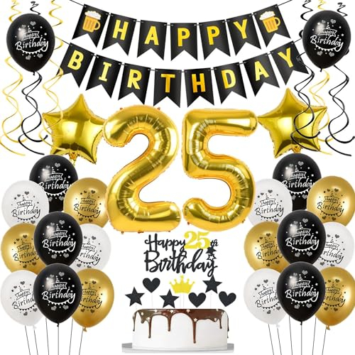Deko 25 Geburtstag Deko Mann Frauen, Luftballon 25. Geburtstag Schwarz Gold, Geburtstagsdeko 25 jahre Mann Luftballon, Tortendeko 25. Männer Geburtstagsdeko 25 jahre für Frau