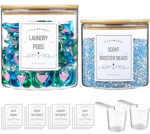 Bocaux en verre pour l'organisation de la buanderie - Conteneur à dosettes avec couvercle hermétique en bambou - Bocaux à linge pour lessive en poudre, boules de séchage, amplificateurs de parfum,