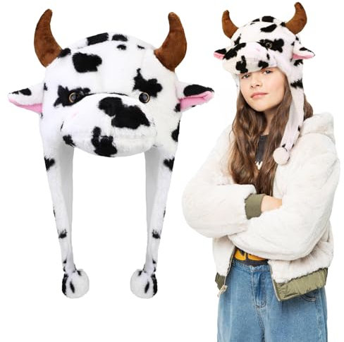 XEPST Plüschtierhut Kuhhut, 2-In-1 Kapuzenmütze Schal Kunstpelz Tierkopfbedeckung Alberne Hüte Lustiger Hutschal für Kinder Erwachsene Tierkostüm Cosplay Geburtstagsparty Halloween Karneval