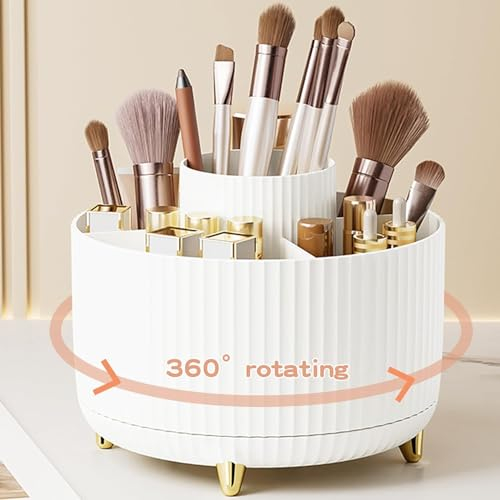 PCKOBEVER Makeup Organizer,Makeup Brush Holder Cosmetic Storager,360° Rotating Brush Organiser Make Up Storage,Portable Lipstick Organiser With 5 Compartments for Dressing Table, Bedroom,Office