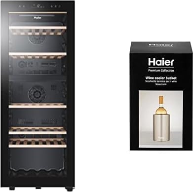 Haier HWS79GDG Weinkühlschrank + Premium Thermo-Weinkühler / 79 Flaschen/Höhe 127 cm/hOn-App / 2 Zonen/UV-undurchlässige Glasscheib/Anti-Vibrationskompressor/LED- Beleuchtung/Schwarz