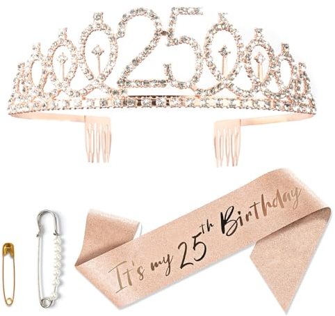 HIKPACKER 25. Geburtstag Sash und Tiara Set, Krone, Schärpe, Party Favor Supplies, Gold, Skandinavischer Stil, Frauen-Accessoires, Frauen/Ladies, Geburtstagsparty-Set