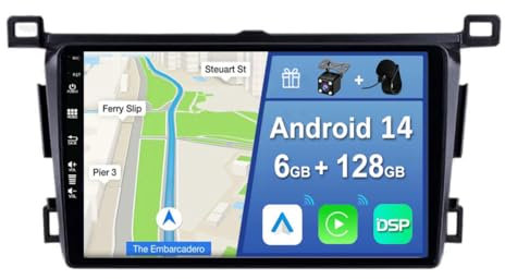 YUNTX [6GB+128GB] Android 14 Car Stereo Radio for Toyota RAV4 RHD 2013-2018 Octa Core with CarPlay/Android Auto/DSP/GPS-9 inch IPS Touch screen-Free CAM+MIC-DAB/AHD/360 Camera/Bluetooth/WiFi