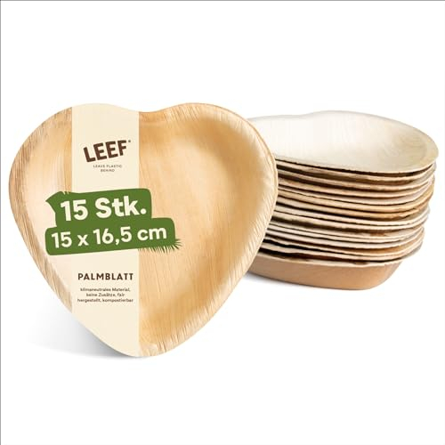 Leef 15x Palmblatt Schale Herz - Einweggeschirr kompostierbar und naturbelassen - 16.5 x 15 x 3 cm
