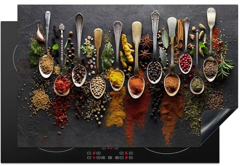 KitchenYeah© Herdabdeckplatte Einteilig Ceranfeld Abdeckplatte Küche Deko | 80x52 cm - Ceranfeldabdeckung Herdabdeckung Induktionsmatte Kräuter - Gewürze - Beton - Löffel