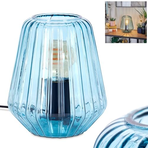 HOFSTEIN Tischleuchte Telhais, Tischlampe aus Metall/Glas in Schwarz/Blau, Leuchte im modernen Vintage/Retro-Design mit Schirm aus Glas (Ø 17cm) u. An/-Auschalter am Kabel, 1 x E27, ohne Leuchtmittel