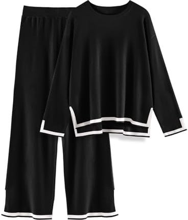 CMTOP Tuta Donna Completo Elegante 2 Pezzi Casual Tute da Ginnastica Tailleur Girocollo Maglia a Maniche Lunghe e Pantaloni a Gamba Larga Autunnale Invernale Completi Per La Casa(Nero, XL)