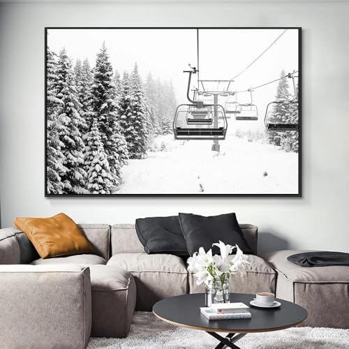 Schnee Fichte Baum Ski Lift Schwarz Weiß Foto Leinwand Drucken Natur Berg Landschaft Wand Kunst Poster Für Wohnzimmer Wohnkultur 40x50cm ohne Rahmen