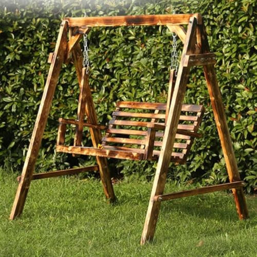 Rustic Wooden Patio Porch Swing Glider Outdoor with A-Frame Stand, 2 Person Wood Log Porch Swing Bench Chair with Back, for Outside Garden Deck Poolside Yard Swing Set Patio Furniture