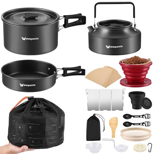 Wesqunie Camping-Kochgeschirr-Set, 20-teilig, für Outdoor-Camp-Kochen, einschließlich Wasserkocher, Topf, Pfanne, Teller, zusammenklappbare Kaffeefilterbecher und multifunktionale Gabellöffel für