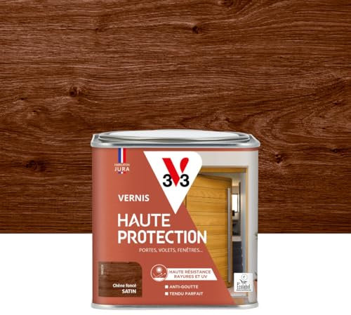 V33 Vernis bois extérieur Chêne foncé satin - Haute Protection - Haute résistance rayures et UV - Anti-goutte et tendu bon - Ecolabel - 0,5L