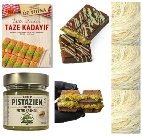 Pufai, Dubai Schokolade - KIT zum Selbermachen - Dubai Schokoladen mit Pistazien Creme 200 Gramm, Dubai Cikolata Kadaif, Baklava, Kadayif Teigfäden 500 Gramm