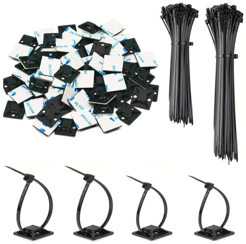 100Pcs Cable Ties(120CM) + 100 Pcs Cable Ties(150CM) +100 Pcs Self-Adhesive Cable Tie Holders, Clamp Wire Organizer, Unmarked Wire Clip, Punch-Free Desktop Car Office Wall Clip Holder
