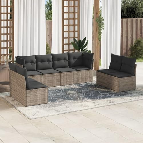 Iiaky 8-TLG. Garten-Sofagarnitur mit Kissen LoungemöBel Balkon Patio Furniture Gartengarnitur Set Grau Poly Rattan - 3217450